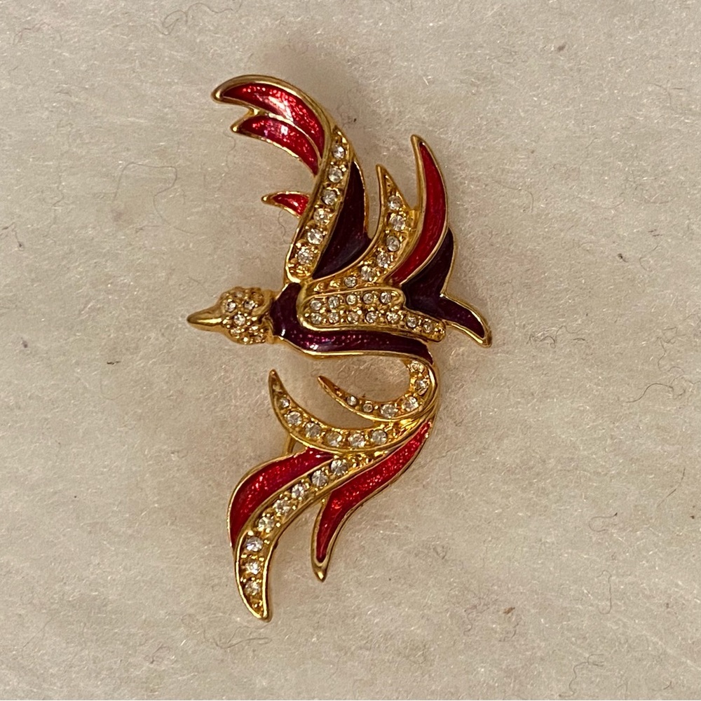 VINTAGE BROOCH BIRD JEWELRY GOLD TONE RED ENAMEL RHINESTONE